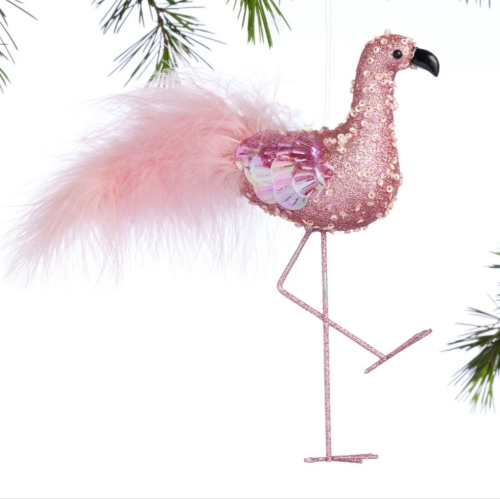 New Cost Plus World Market Pink Glitter And Feather Flamingo ornaments